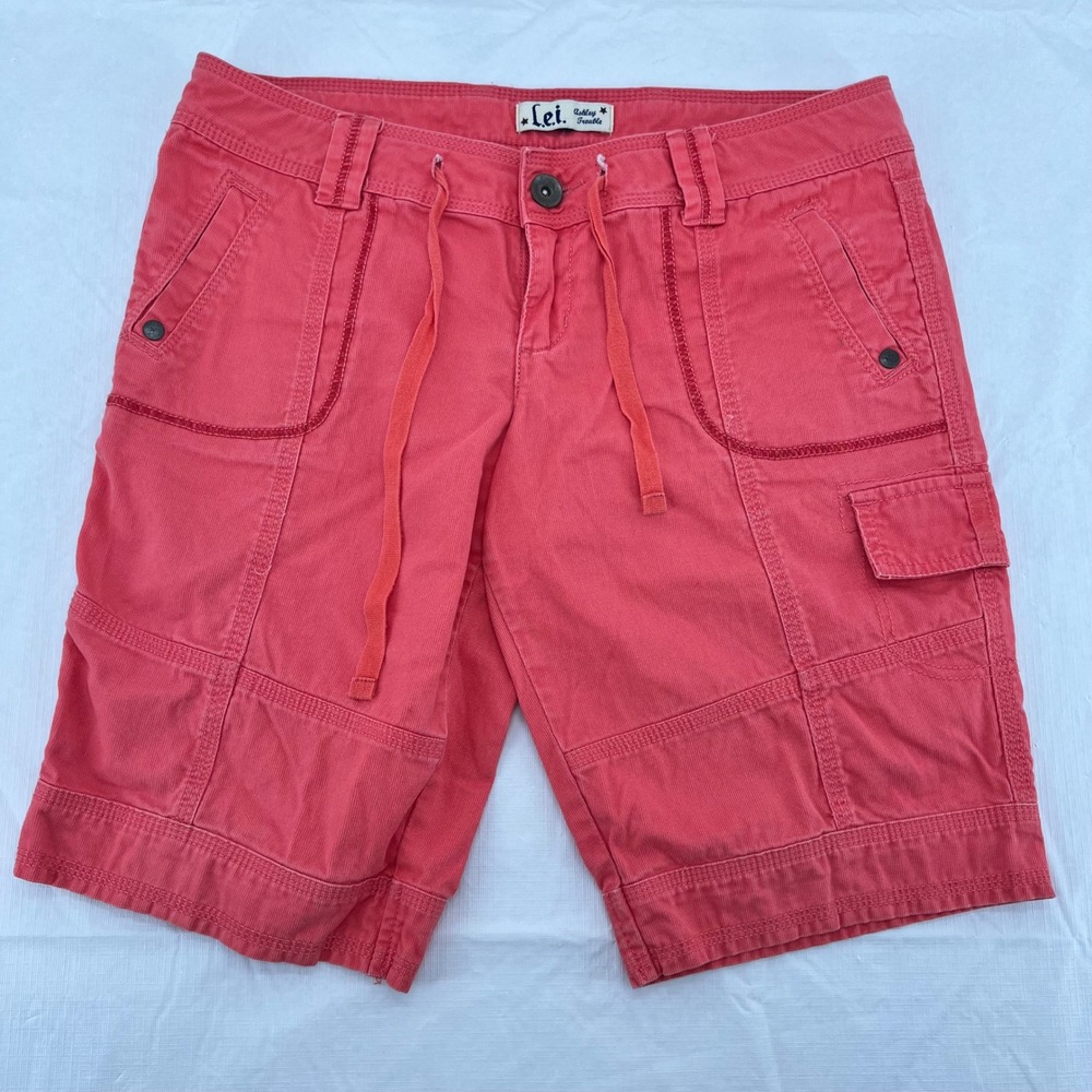 L.e.i. Womens‎ Junior 11 Coral Pink Cotton Cargo Bermuda Shorts D-Ring y2k